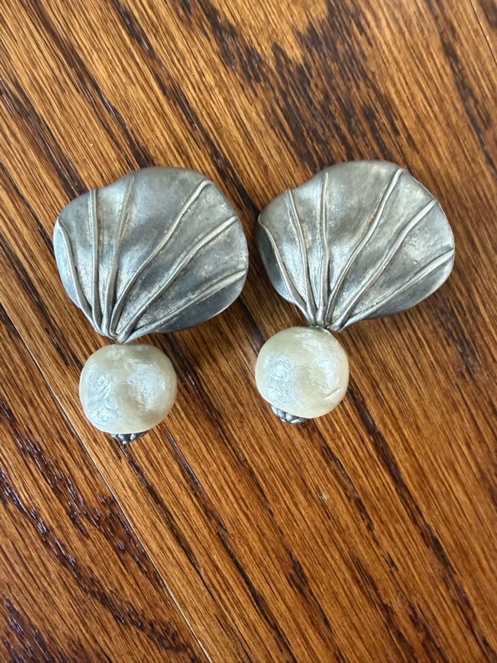 Vintage Silver Leaf Clip-On Earrings with Cream Pearl Drops